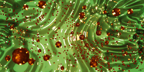 Cosmetic Essence, Liquid bubble, Molecule inside Liquid Bubble on water background, 3d render