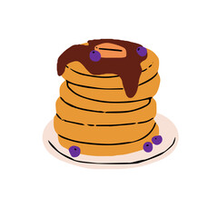 Pile of american pancakes with berries and chocolate toppings. Stack of hotcakes, flapjacks, griddlecakes with syrup, blueberries. Breakfast eating, food. Flat isolated vector illustration on white