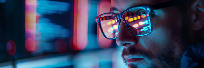 Software developer illuminated by the glow of multiple monitors, deep in focus, with lines of code reflected in their glasses.