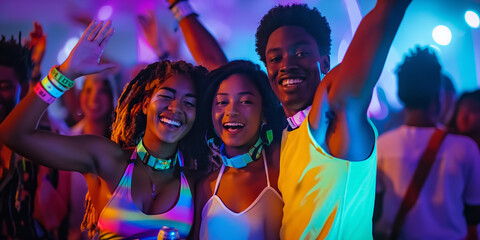 Obraz premium Cheerful young friends having fun at colorful rave party. Happy men and women enjoying themselves and dancing. Group of people at music concert.