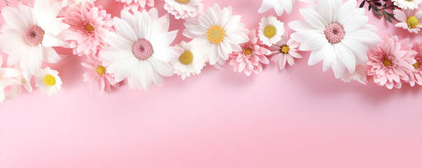  colorful pink and white flowers on the abstract pink colour in the background 