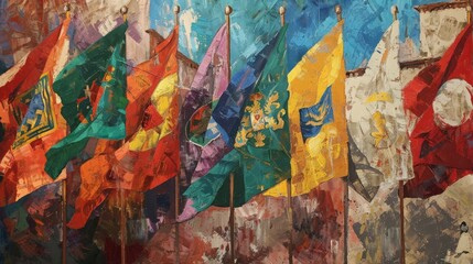 Italian festival flags, vibrant and fluttering during the Palio di Siena, historical emblems and colors depicted with dynamic brushwork