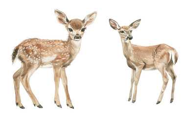 Delicate watercolor baby deers in the wild