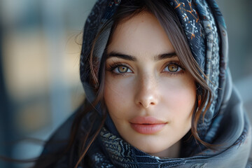 Young Woman in Head Scarf Exuding Expressive Eyes and Modern Style