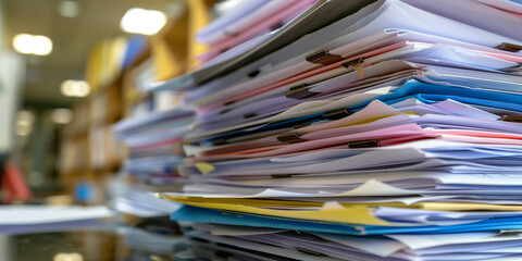 Piles of unfinished documents archives with clips on. Stack of paper files in office, business report paper. Lots of paperwork.