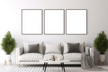Modern Living Room with Gray Sofa and Three Blank Frames