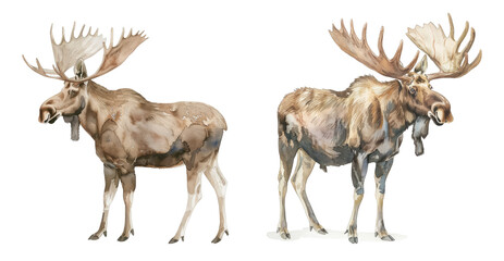Majestic watercolor moose standing side by side