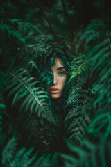 woman with green hair surrounded by ferns in the style of surreal, fantasy, fairy tale photography. A dreamy mood with dark emerald palette. Spirit of forest. book cover, fictional