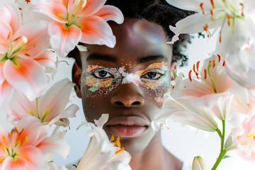African American young man with glitter and flower makeup, white background, surrounded by lilies