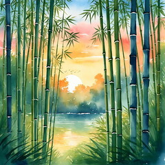 Fantastic landscape of Southeast Asia. River valley and bamboo forest at sunset.	
