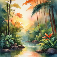Watercolor landscape of tropical forest and river at sunset