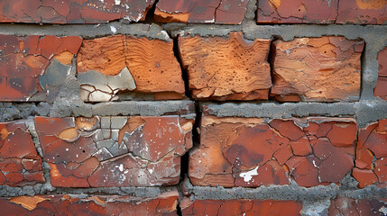 Empty Old Brick Wall Texture. Painted Distressed Wall Surface. Grungy Wide Brickwall. Grunge Red Stonewall Background. Shabby Building Facade With Damaged Plaster. Abstract Web Banner. Copy Space.
