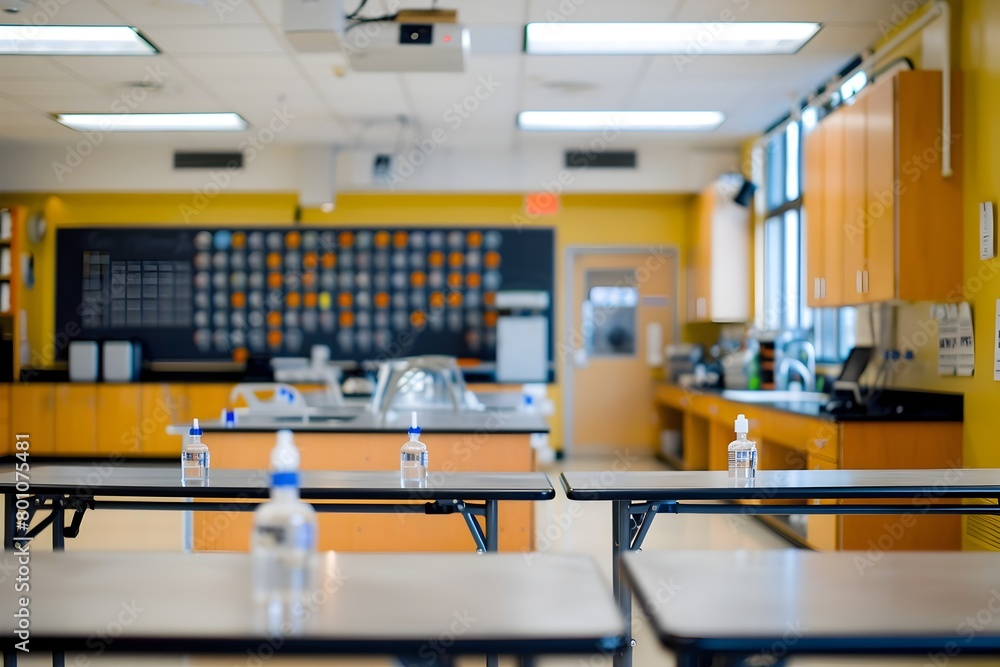 Poster bright and modern science classroom with blurred periodic table display