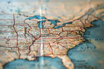 A detailed close-up of a vintage map highlighting the southeastern United States and surrounding regions during daylight hours