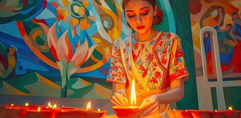 Fototapeta premium Diwali, traditional saree, vibrant Hindu festival of lights, celebrating with fireworks and diyas, 3D render, golden hour, depth of field bokeh effect, Crane shot view