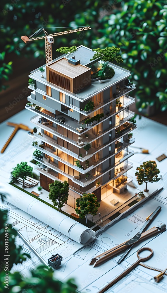 Poster a model of an apartment building with modern architecture and green spaces, surrounded by constructi