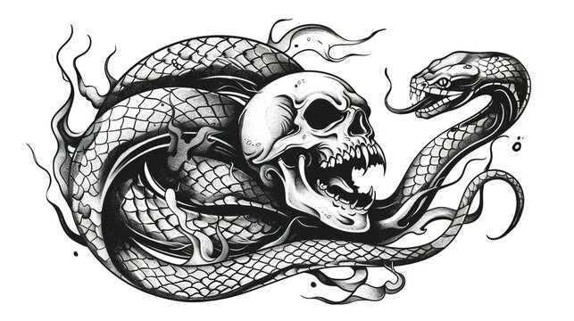 Old school style tattoo. snake and skul