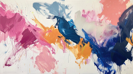 Bold strokes of rose, indigo, and ochre dancing dynamically across a white canvas.