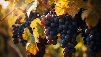 Ripe grape bunches hang in vineyard autumn harvest, AI Generative.