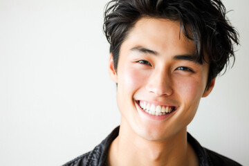 Portrait of healthy, cheerful handsome young Asian man smiling and looking at camera with white background. Happy, health and mental healthcare concept