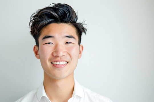 Portrait of healthy, cheerful handsome young Asian man smiling and looking at camera with white background. Happy, health and mental healthcare concept