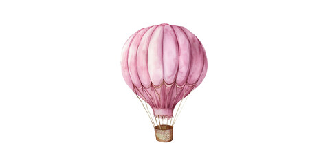 Illustration of a pink hot air balloon in the style of soft watercolor, clipart on a white background