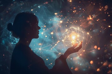 Silhouette of a woman holding a glowing ball in her hand, light beams radiating outwards in the dark background - Powered by Adobe