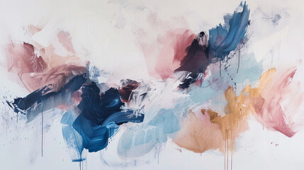 Bold strokes of rose, indigo, and ochre dancing harmoniously on a clean white canvas.