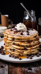 stack of pancakes with syrup cream sugar powder and chocolate chips