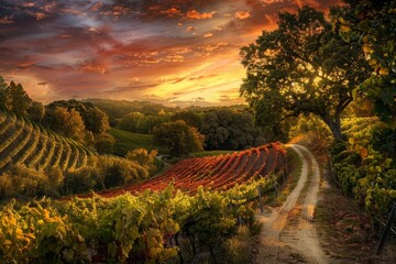 Painting depicting a vibrant sunset over a vineyard, showcasing rows of grapevines and a colorful...
