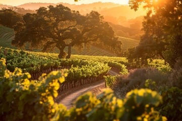 The sun sets over a vineyard in the hills, casting a warm glow on the grapevines and winding pathway