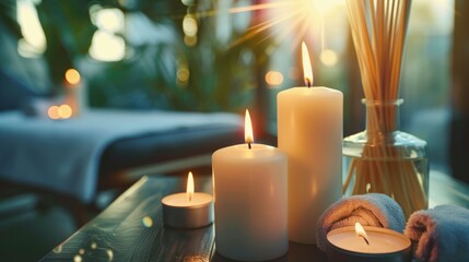 Relaxing spa concept with candles, towels and massage table. Beautiful composition for cosmetic procedures.