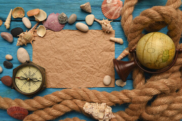 Sea travel concept background flat lay. Summer to do list template. Columbus day concept.