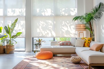 A high-angle view of a well-furnished living room flooded with warm sunlight and abundant green plants