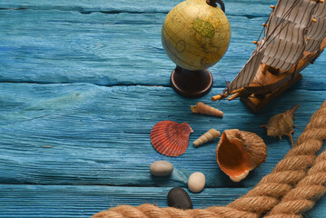Columbus day concept. Sea travel background. SUmmer vacation concept flat lay background.