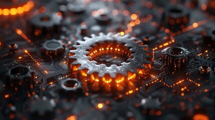 Digital transformation at work, close-up on a gear shifting, symbolizing change, with digital background
