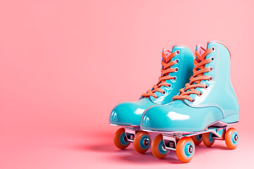 Roller skates isolated on pink background. Copy space for text.