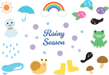 梅雨のイラスト素材セット　雨季　かわいい