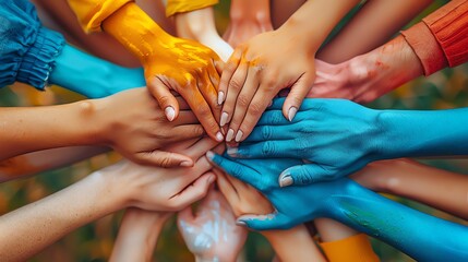 Fototapeta premium Diversity in education, close-up on diverse students' hands together, unity in learning