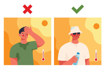 Man suffering from heat stroke symptoms and man properly prepared for heat. Unbearable hot summer. Flat vector illustration of summer heat wave