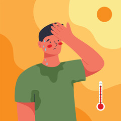 Young man suffering from heat stroke symptoms. Unbearable hot summer. Flat vector illustration of summer heat wave