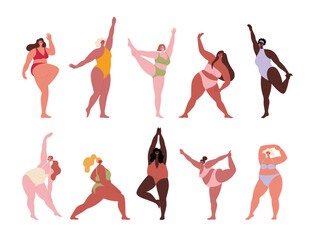 Different plus size women in swimsuits doing exercises. Curvy female body. Body positive and active lifestyle concept.