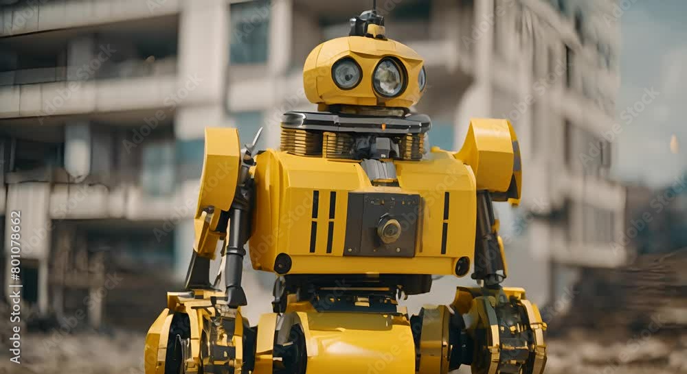 Poster a robot wearing a yellow helmet stands in front of a building it is working in a construction site