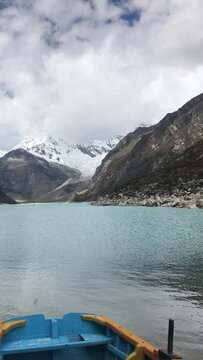 view over laguna de paron with snow-covered mountains in the Peruvian Andes