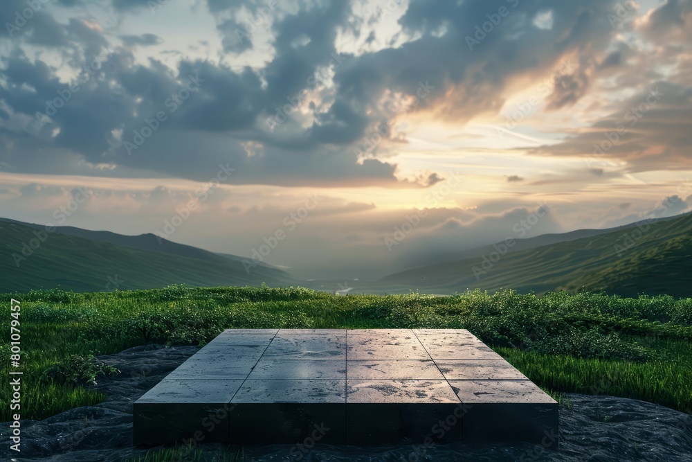 Poster a 3d render of a minimalist landscape with empty square floor and green expanses under a dramatic ev
