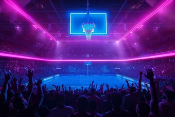 A neonlit basketball court filled with spectators watching a night game, players dribbling and...