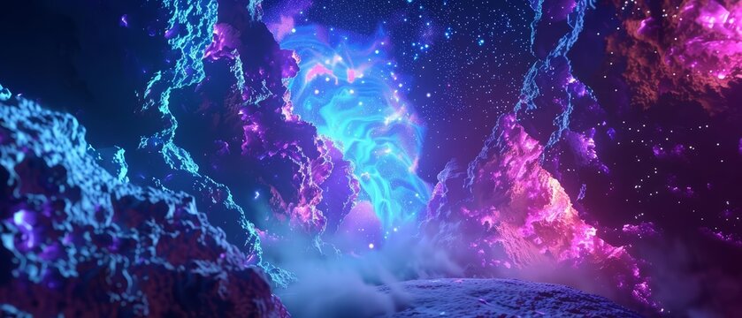A 3D render of a neon abstract space background framing a futuristic fantasy landscape, where artificial intelligence governs the flow of energy, Sharpen Landscape background