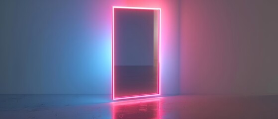 A 3D render of a neonframed mirror with pink and blue lights creating a cool glow, Sharpen isolated on white background