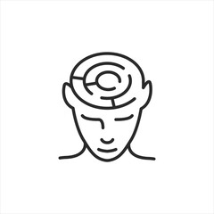 Mindfulness and mental clarity icon depicting a human head with a maze pattern, representing the process of navigating thoughts for greater focus and inner peace. Vector illustration