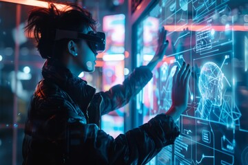 A man wearing virtual reality glasses while interacting with a digital screen displaying a virtual avatar in the metaverse